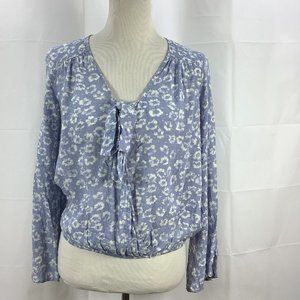 ALTAR'D STATE Women' s Size S Top Blouse Blue White Tie Wrap Front Bell Sleeves